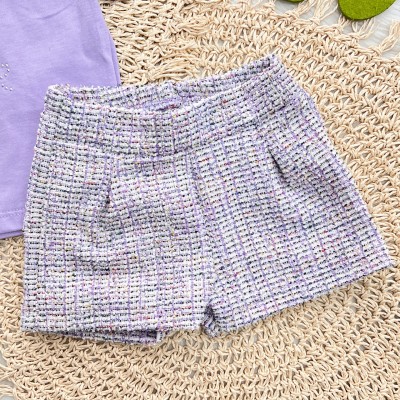 Conj. Blusa Laço de Strass com Pérola e Short Tweed - Lilás